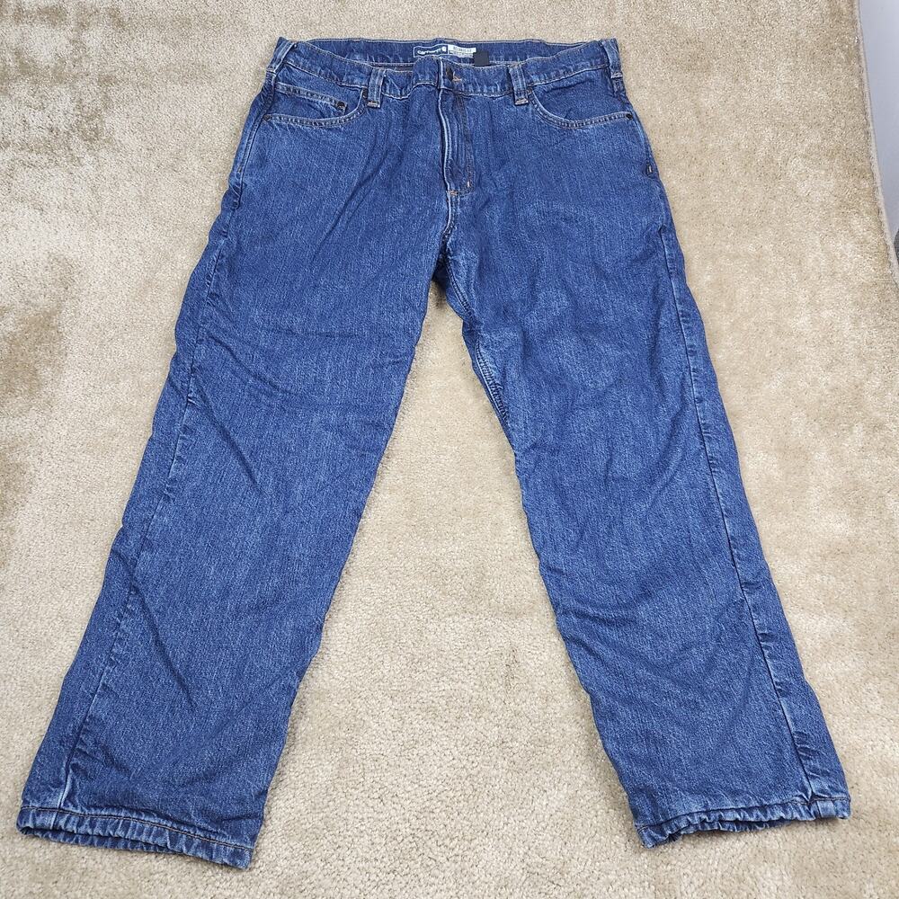 Carhartt Jeans Mens 38x30 Relaxed Fit Flannel Lined Blue Denim Workwear B225 - Picture 2 of 12